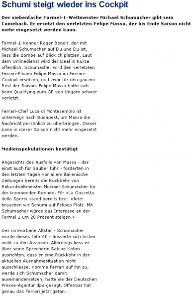 MICHAEL SCHUMACHER GIBT SEIN COMEBACK!!!!!!

Quelle: http://www.20min.ch/sport/formel1/story/Schumi-steigt-wieder-ins-Cockpit-27919937
