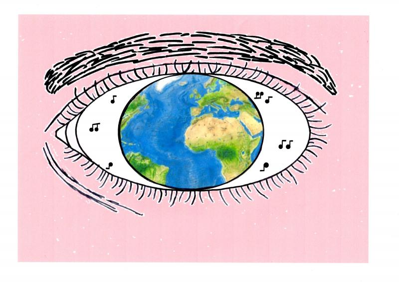  Mein Blick in der Zukunft (Zeichnung fr eine Zeitung)

Thema :  Utopie einer multikulturellen Gesellschaft 

Unsere Gesellschaft wird weiter zusammen wachsen. Jeder Mensch kann was dazu beitragen.  
Das Auge steht fr den Blick, die Welt fr Uns und die Zukunft, die Noten fr Harmonie und Musik auf der ganzen Welt.  
Die Noten erinnern mich auch an einen Satz von meiner Oma: Wo man singt, da lasse dich ruhig nieder, denn bse Menschen kennen keine Lieder.